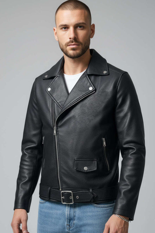 جاكيت جلد أسود مزود بجيوب وسحاب