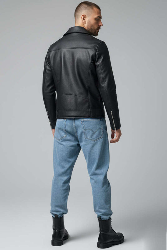 جاكيت جلد أسود مزود بجيوب وسحاب