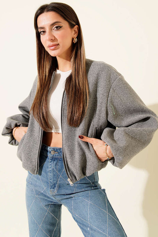 Cepli Fermuarlı Kısa Kaşe Ceket Gri