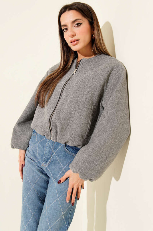 Cepli Fermuarlı Kısa Kaşe Ceket Gri