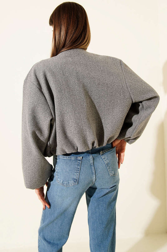 Cepli Fermuarlı Kısa Kaşe Ceket Gri