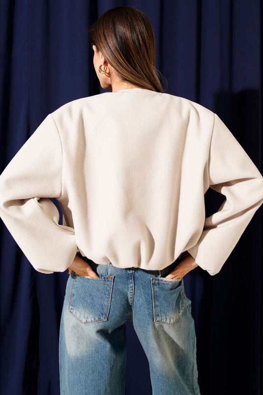 Veste courte en drap à poche à rabat couleur pierre