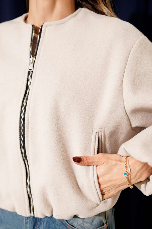 Veste courte en drap à poche à rabat couleur pierre