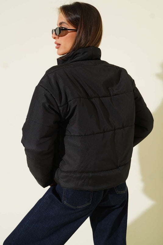 Short Padded Jacket with Pocket Zipper Black