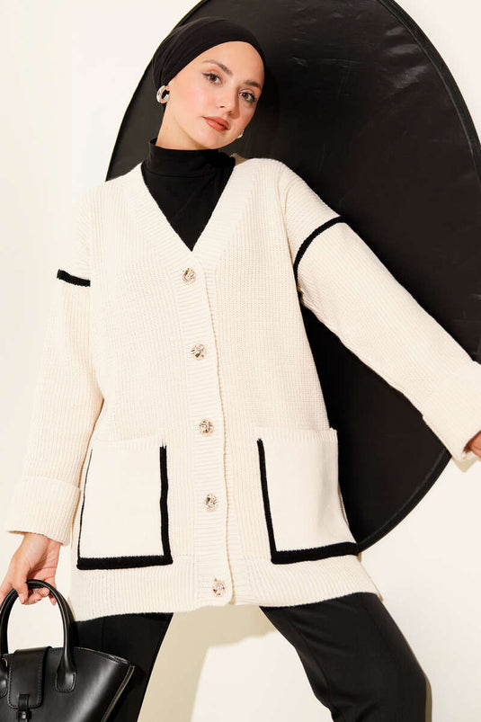Beige Knitted Cardigan with Gold Buttons and Pockets