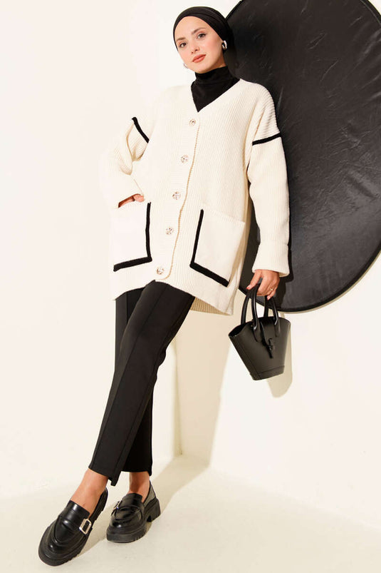 Beige Knitted Cardigan with Gold Buttons and Pockets