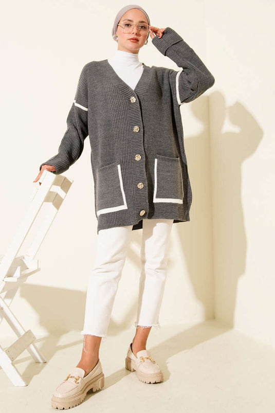 Cepli Gold Düğmeli Triko Hırka Füme