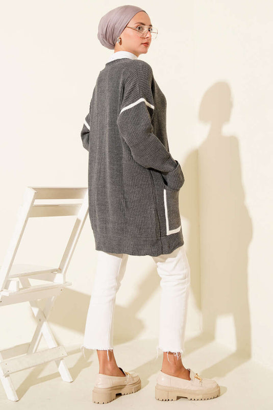 Cepli Gold Düğmeli Triko Hırka Füme