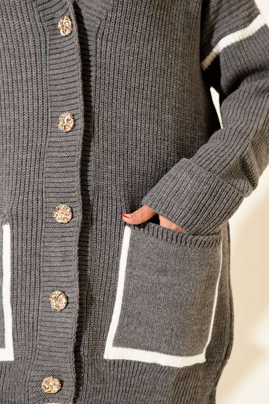 Cepli Gold Düğmeli Triko Hırka Füme