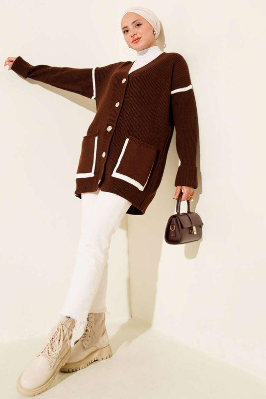 Pocketed Gold Buttoned Knitted Cardigan Brown
