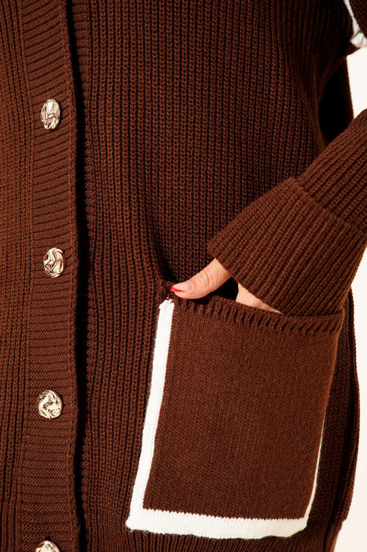 Pocketed Gold Buttoned Knitted Cardigan Brown