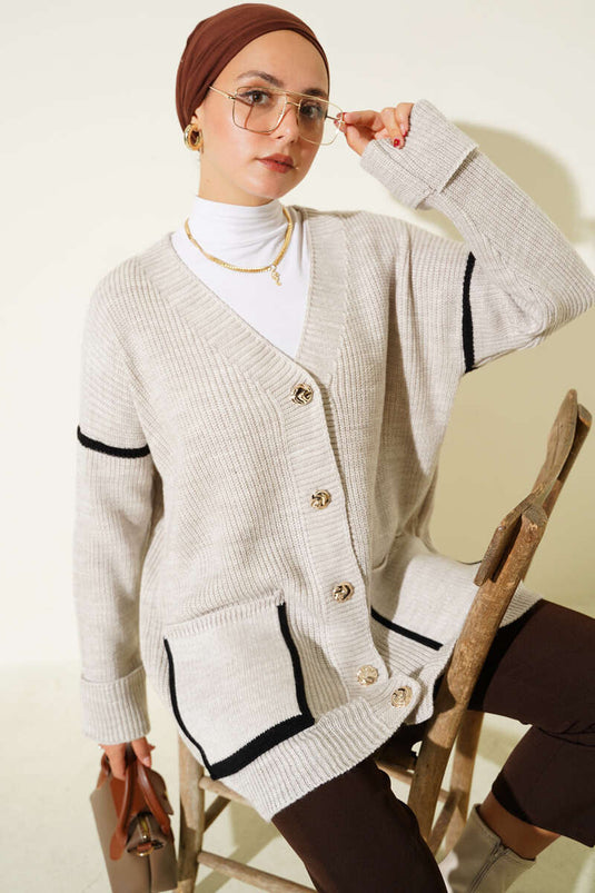 Gold Buttoned Knit Cardigan with Pockets, Sand Beige