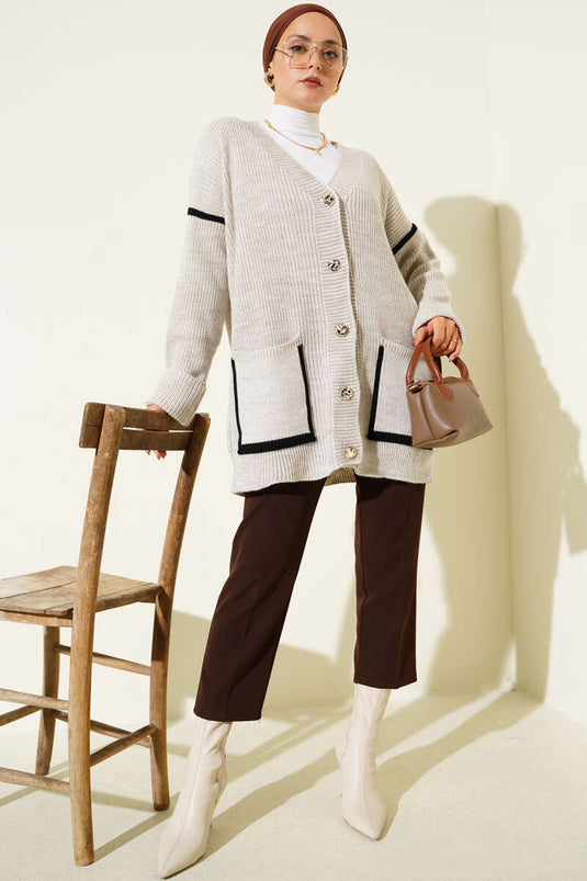 Gold Buttoned Knit Cardigan with Pockets, Sand Beige