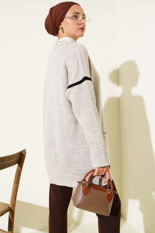 Gold Buttoned Knit Cardigan with Pockets, Sand Beige