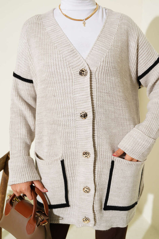 Gold Buttoned Knit Cardigan with Pockets, Sand Beige