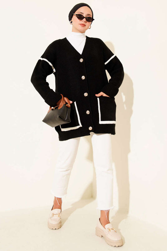 Pocket Gold Buttoned Knit Cardigan Black