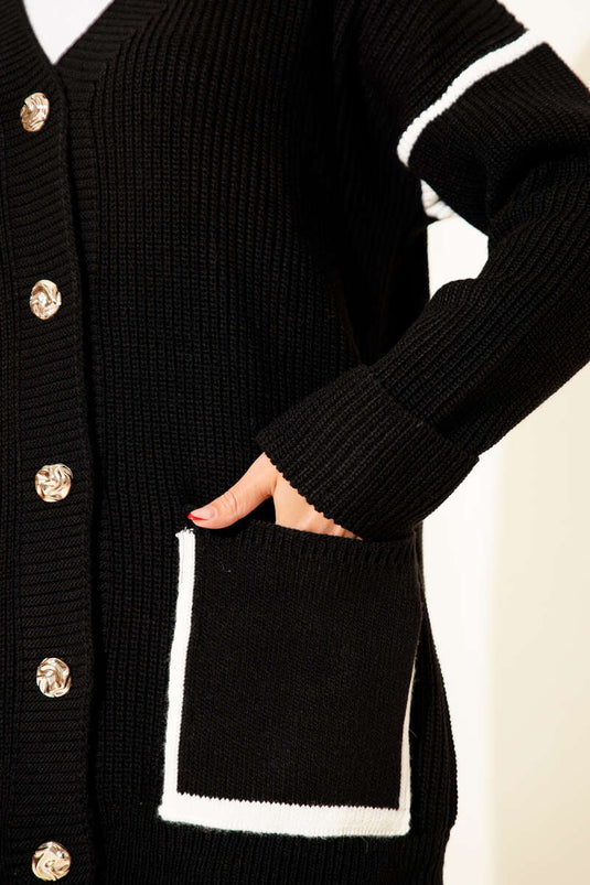 Pocket Gold Buttoned Knit Cardigan Black