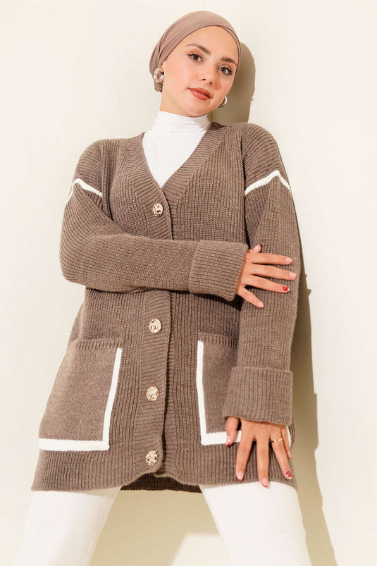 Gold Buttoned Knitted Cardigan with Pockets and Mink