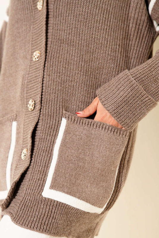 Gold Buttoned Knitted Cardigan with Pockets and Mink