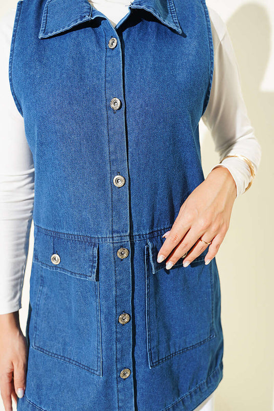 Cepli Kapaklı Kot Yelek Mavi