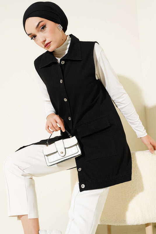Cepli Kapaklı Kot Yelek Siyah