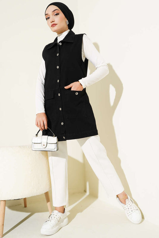 Cepli Kapaklı Kot Yelek Siyah