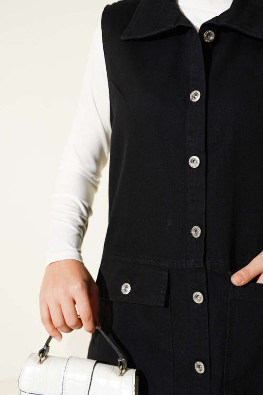 Cepli Kapaklı Kot Yelek Siyah