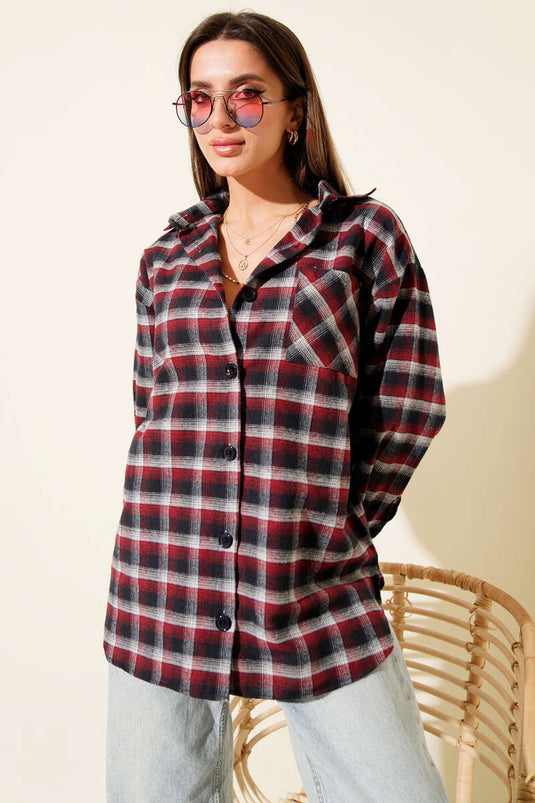 Pocketed Square Striped Shirt Burgundy