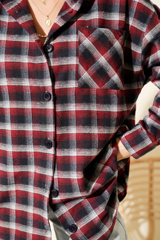 Pocketed Square Striped Shirt Burgundy