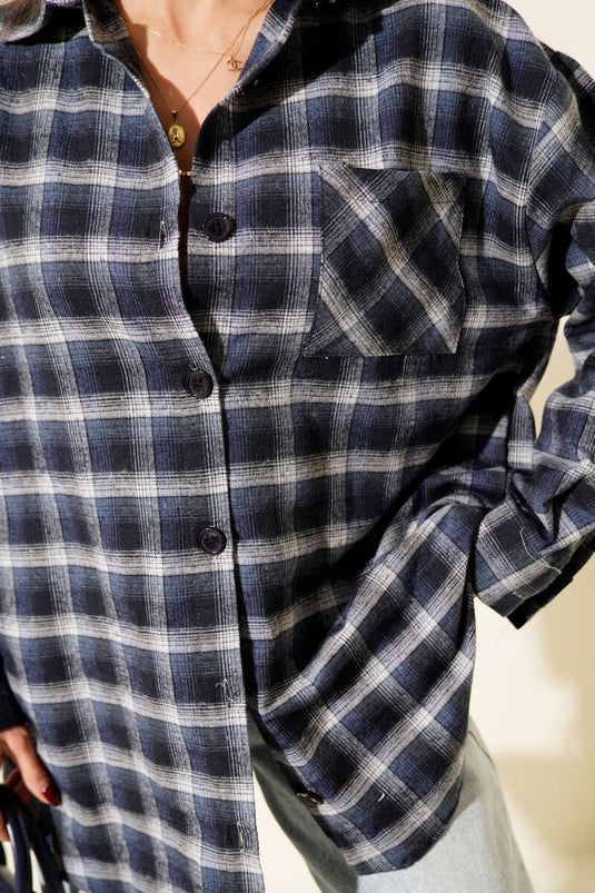 Navy Blue Plaid Striped Shirt with Pockets