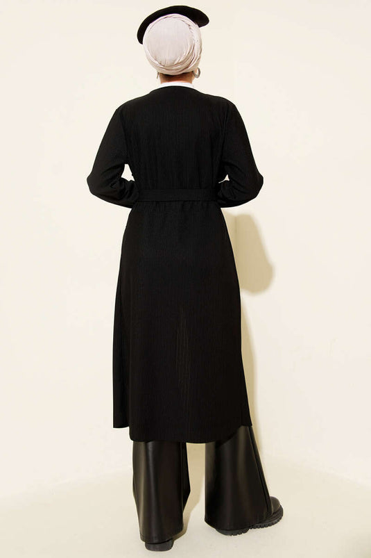 كارديجان طويل بجيوب وحزام، أسود