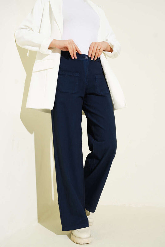 Cepli Keten Geniş Paça Pantolon Lacivert