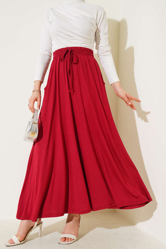 Flared Elastic Waist Skirt with Pockets, Burgundy