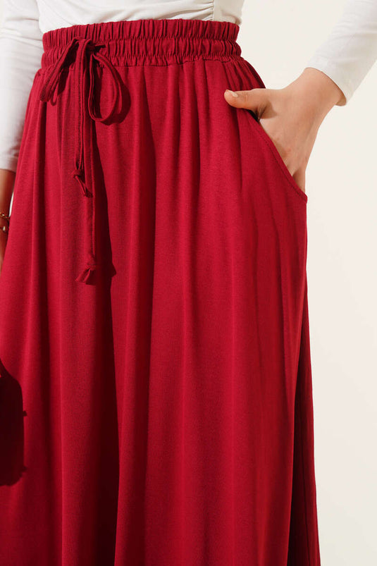 Flared Elastic Waist Skirt with Pockets, Burgundy
