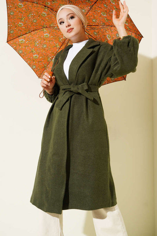 Pocketed, belted, double-breasted tweed coat in khaki