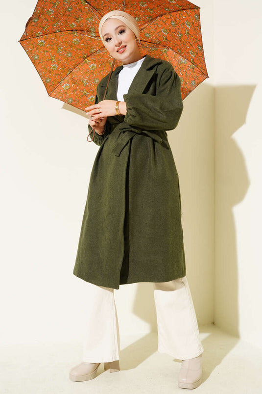 Pocketed, belted, double-breasted tweed coat in khaki