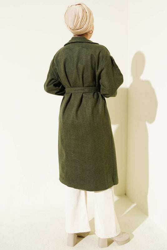 Pocketed, belted, double-breasted tweed coat in khaki