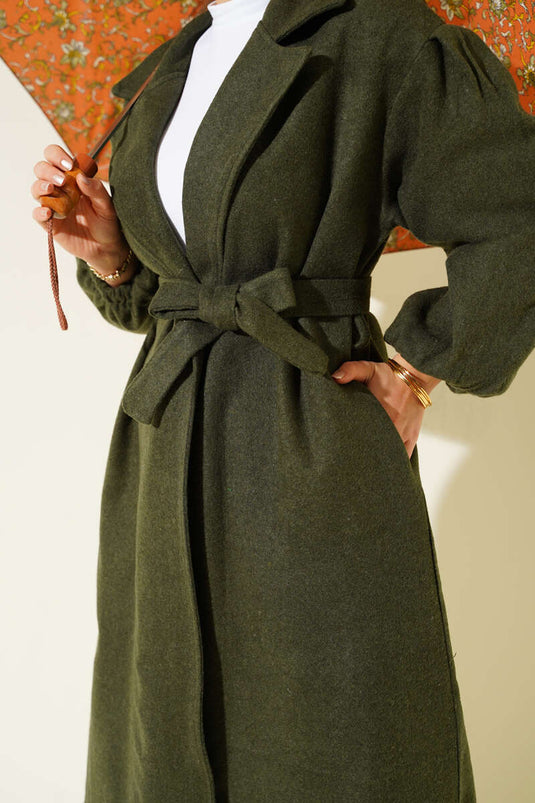 Pocketed, belted, double-breasted tweed coat in khaki