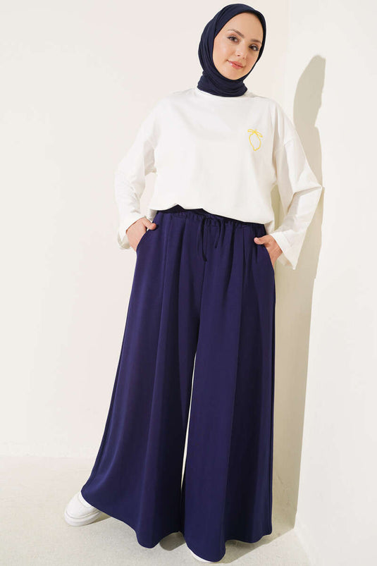 Pantalon Large Bleu Marine À Poches