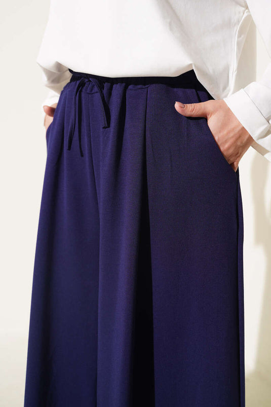 Pantalon Large Bleu Marine À Poches