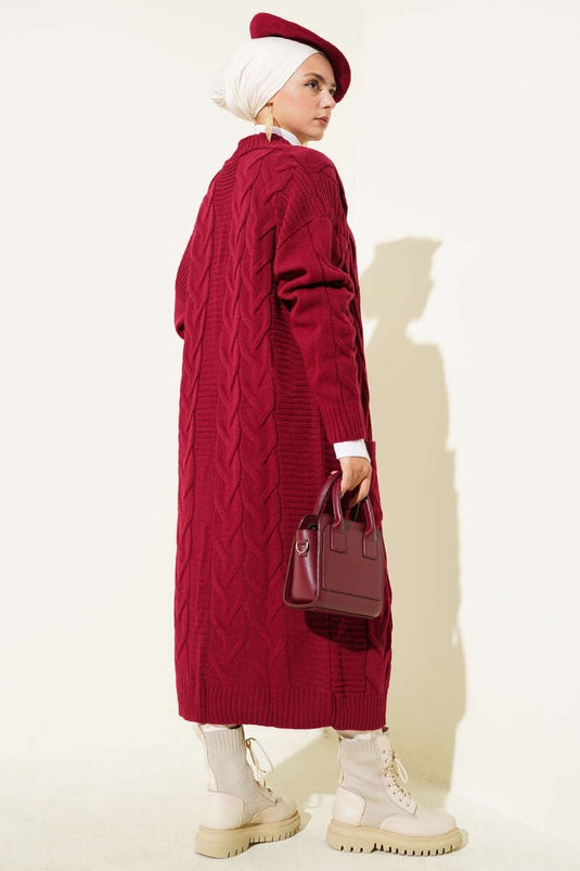 Cepli Örgü Desenli Uzun Hırka Bordo