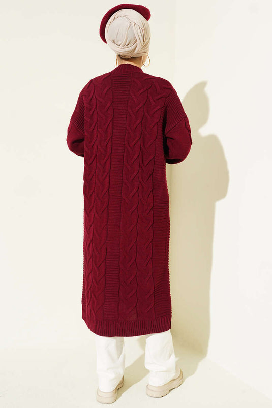 Lange Cardigan Met Zakken En Gebreid Patroon, Bordeauxrood