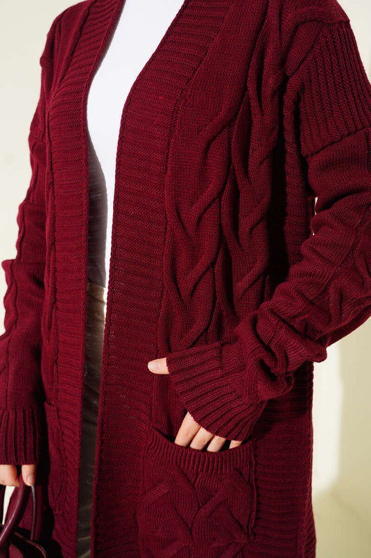 Cepli Örgü Desenli Uzun Hırka Burgonya