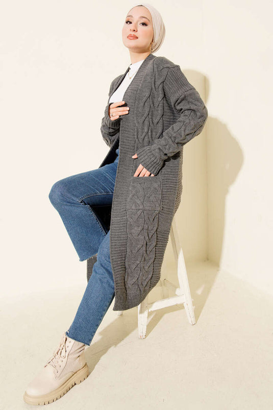 Gilet Long En Tricot À Poches En Fumée Grise