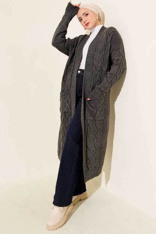 Lange cardigan met zak en gebreid patroon, rook