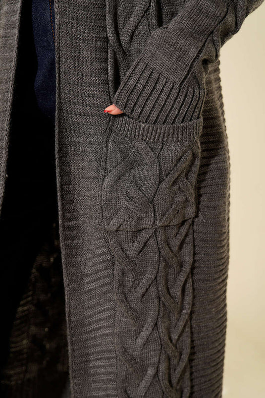 Lange cardigan met zak en gebreid patroon, rook