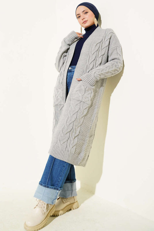 Long Gray Cardigan with Knitted Pattern and Pockets