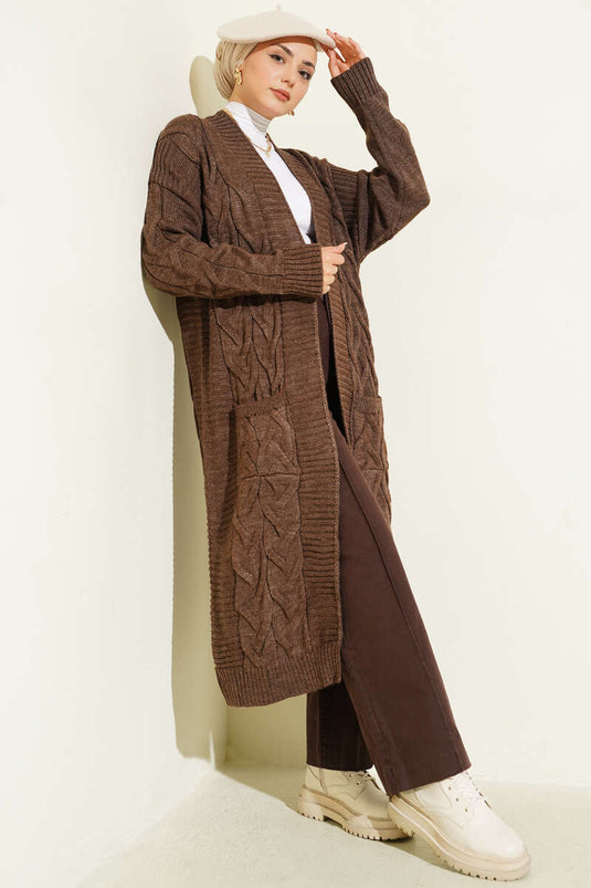 Pocket Knitted Patterned Long Cardigan Brown
