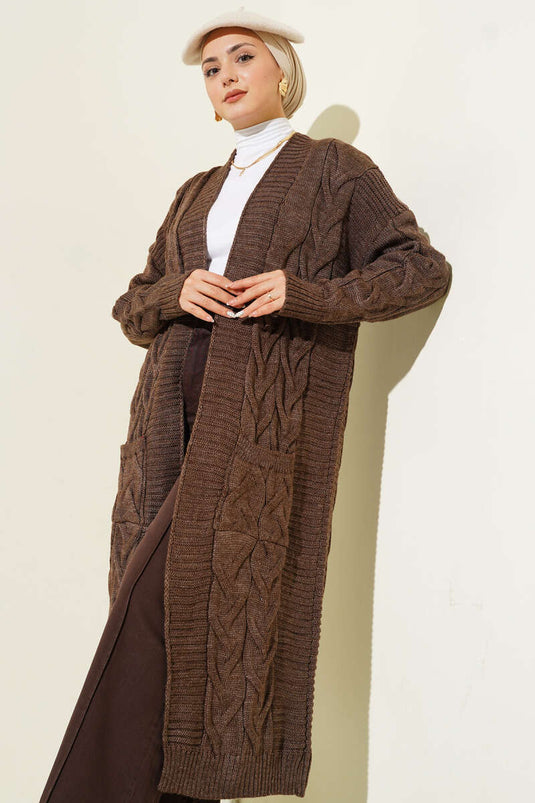 Pocket Knitted Patterned Long Cardigan Brown