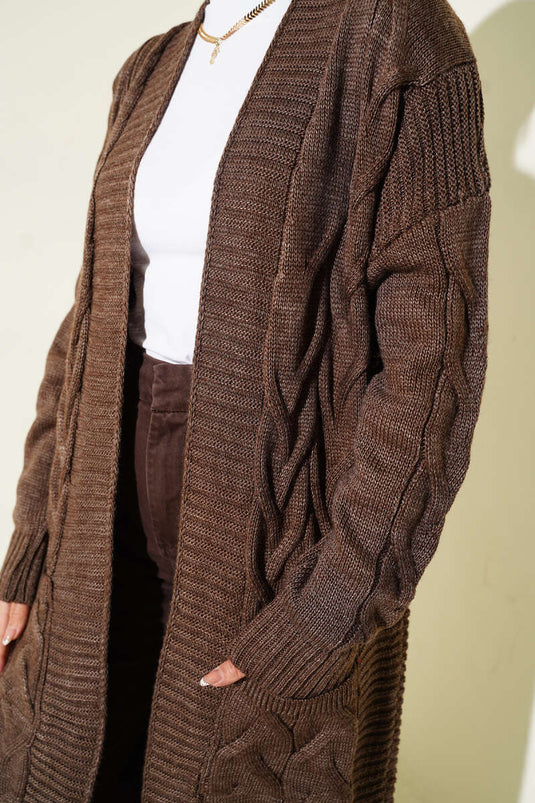 Pocket Knitted Patterned Long Cardigan Brown